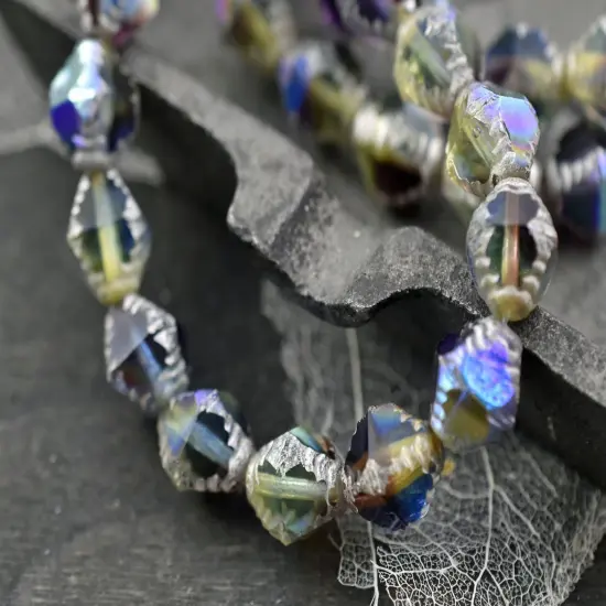 *15* 10x8mm Etched Silver Washed Amethyst Sapphire Jonquil Faceted Bicone Beads {6}