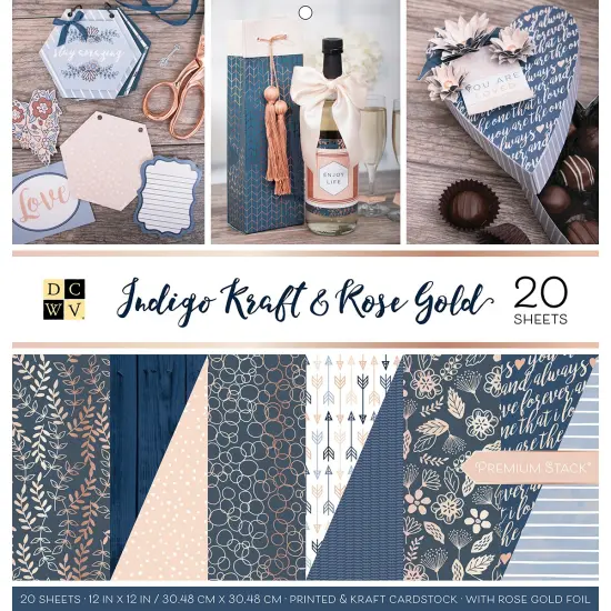 DCWV Double-Sided Cardstock Stack 12"X12" 20/Pkg-Indigo Kraft & Rose Gold, 10 Des/2 Each {1}