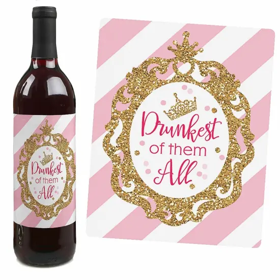 Big Dot of Happiness Little Princess Crown - Pink & Gold Baby Shower or Birthday Party Decor for Women and Men - Wine Bottle Label Stickers - Set of 4 {5}