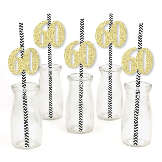 Big Dot of Happiness Gold Glitter 60 Party Straws - No-Mess Real Gold Glitter Cut-Out Numbers & Decorative 60th Birthday Party Paper Straws - 24 Ct {3}