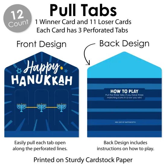Big Dot of Happiness Hanukkah Menorah - Chanukah Holiday Party Game Pickle Cards - Pull Tabs 3-in-a-Row - Set of 12 {6}