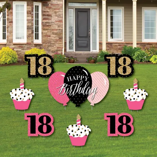 Big Dot of Happiness Chic 18th Birthday - Pink, Black and Gold - Yard Sign and Outdoor Lawn Decorations - Happy Birthday Party Yard Signs - Set of 8 {1}