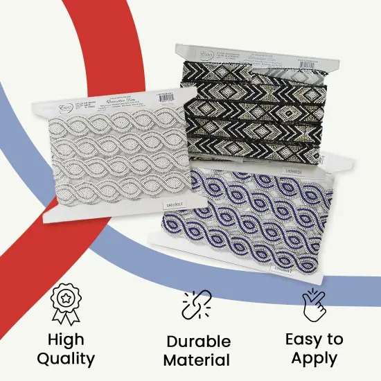 1" Olowin Iron On Rhinestone, Versatile, Beaded Trim, 5-Yard Cut Black/ White {3}