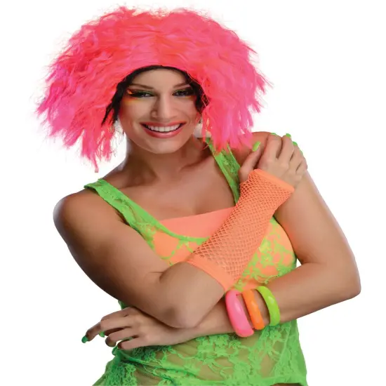 Adult Womens 80s Neon Chic Pink Black Rave Dance Costume Wavy Wig {1}