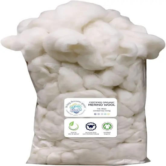 CERTIFIED ORGANIC MERINO Wool Roving. Ethically & Responsibly Sourced Combed Top Fiber. Spinning, Felting, Filling - 1 lb Bag, Natural White {1}