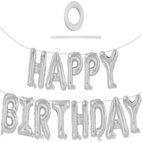 Colorful Celebrations: 16-Inch Mylar Foil Happy Birthday Balloons Banner - Eco-Friendly Decor for All Ages! Silver {1}