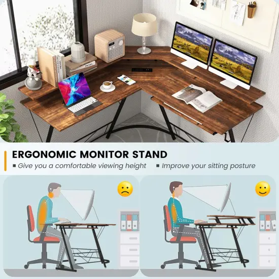 Costway L-shaped Computer Desk with Power Outlet 51" Corner Computer Workstation Rustic Brown/Black {5}