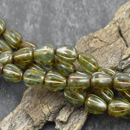 *15* 13x8mm Gold Washed Olive Green Picasso Melon Drop Beads {2}