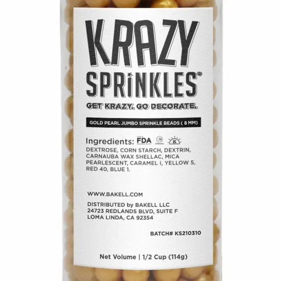 Krazy Sprinkles - Gold Pearl 8mm Beads (1/2 Cup, 1x Jar) for Cakes, Ice Cream & Cookies {5}