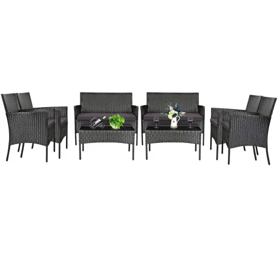 Costway 8PCS Patio Rattan Furniture Set Cushioned Sofa Coffee Table Backyard Turquoise/Red/Grey/White/Navy {8}