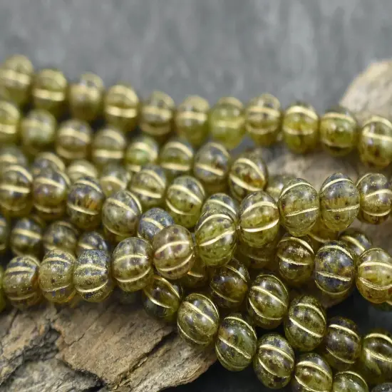 *16* 8mm Gold Washed Green Amber Picasso Round Melon Beads {3}