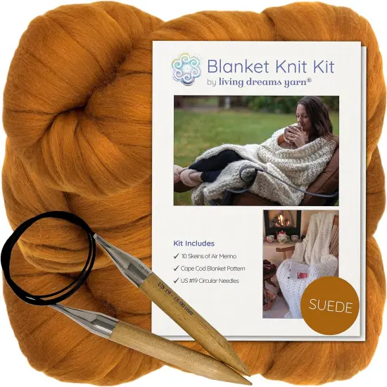 DIY Merino Wool Blanket Knitting Kit: Soft and Thick #7 Weight Jumbo Yarn, Knitting Needles and Pattern. Soft, Cozy, Great for Gifts Suede {1}
