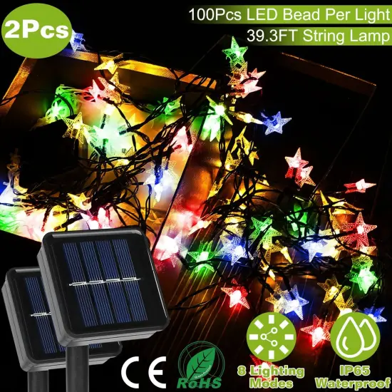 2Pcs Solar Powered String Lights 39.3FT 100LED Beads Fairy Star Lights Multicolor {5}