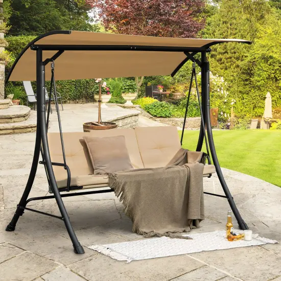 Costway 3-Seat Outdoor Porch Swing Adjustable Canopy Padded Cushions Steel Frame Beige/Black/Brown {2}