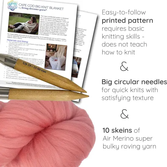 DIY Merino Wool Blanket Knitting Kit: Soft and Thick #7 Weight Jumbo Yarn, Knitting Needles and Pattern. Soft, Cozy, Great for Gifts Flamingo {2}