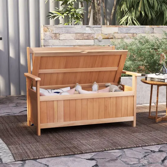 Patio Hardwood Storage Bench With Slatted Backrest {2}