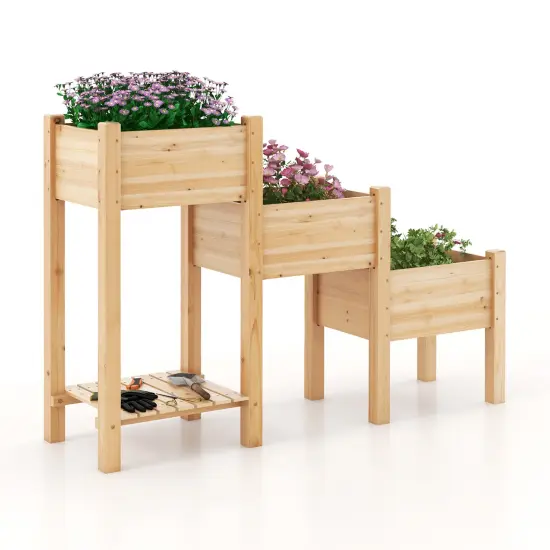 3-tier Wooden Raised Garden Bed With Open Storage Shelf-Natural {3}