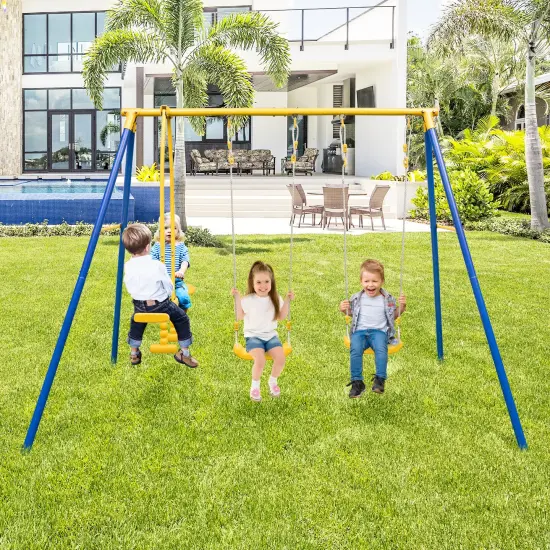 Metal Swing Set For Backyard With 2 Swing Seats And 2 Glider Seats-Blue {2}