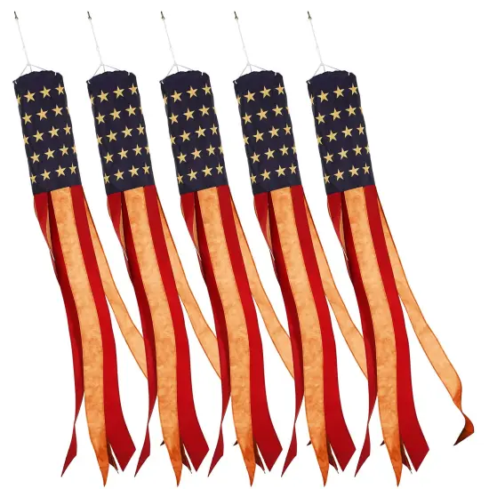 G128 5 Pack: American USA Tea-Stained Windsock | 60 Inch | Embroidered 420D Polyester | Patriotic Decor, Embroidered Design, Indoor/Outdoor, Brass Grommets {1}