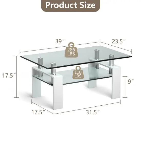 Rectangle Glass Coffee Table With Metal Legs For Living Room-White {5}