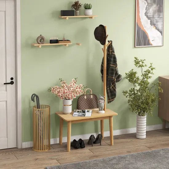 End Table With Coat Rack Solid Wood Coat Tree With 2-in-1 Side Table-natural {1}