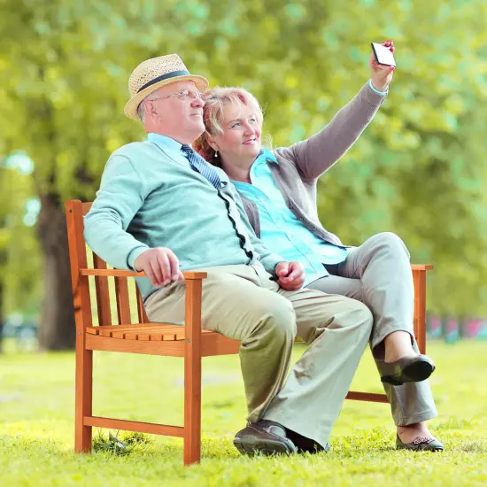 2-seat Patio Wood Bench with Cozy Armrests and Slatted Backrest {5}