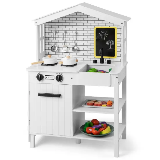 Kids Wooden Kitchen Play Set With Storage Shelves And Accessories-white {4}