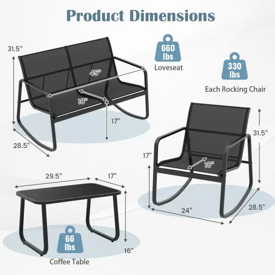 4 Piece Patio Rocking Set With Glass-top Table-Black {5}