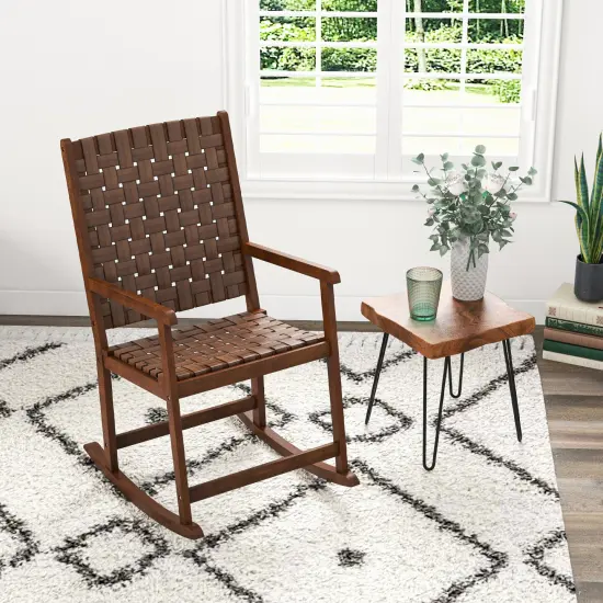 Patio Wood Rocking Chair With Pu Seat And Rubber Wood Frame-Brown {2}