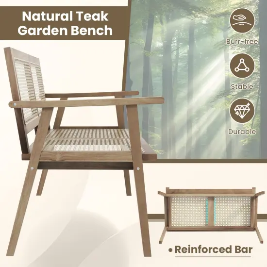 Indonesia Teak Wood Garden Bench With Armrests And Natural Rattan Backrest {5}