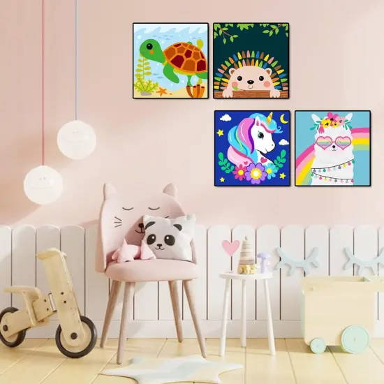 Framed 4 Pack Paint by Number for Kids, Paint by Numbers for Kids Ages 8-12, Paint by Numbers Kits Children Beginner, DIY Acrylic Oil Painting for Home Wall Decor (8X8Inch) Animals 4 Pack {3}