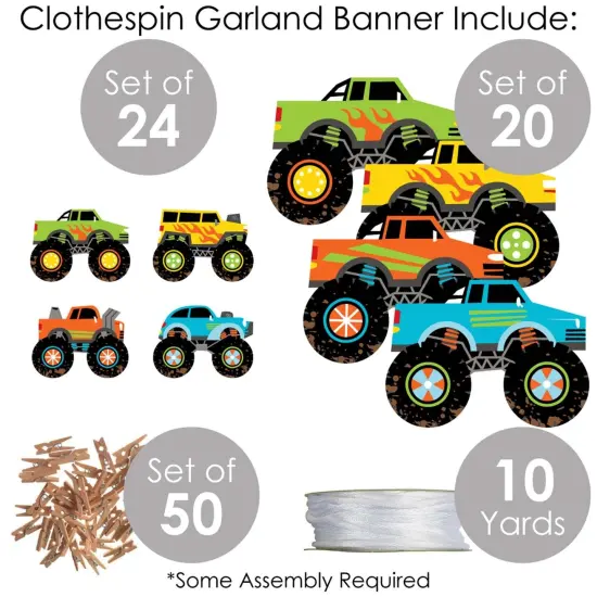 Big Dot of Happiness Smash and Crash - Monster Truck - Boy Birthday Party DIY Decorations - Clothespin Garland Banner - 44 Pieces {6}