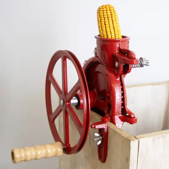 Lehman's Corn Kernel Sheller with Flywheel Pulley, Clamp On Cast Iron Non Electric Walnut Huller, Vintage Style, Red {4}