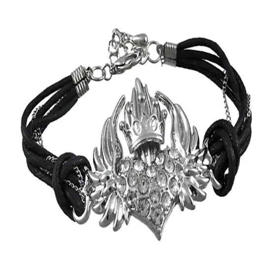 Rhinestone Crowned Winged Heart Cord Bracelet {1}
