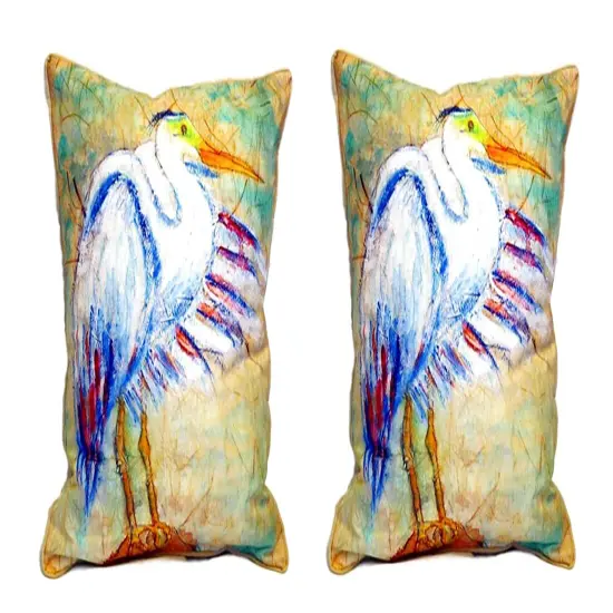 Pair of Betsy Drake Egret on Rice Small Indoor/Outdoor Pillows {1}