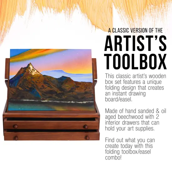 Walnut 2-Drawer Adjustable Wooden Storage Box with Fold Up Solid Drawing Easel {5}