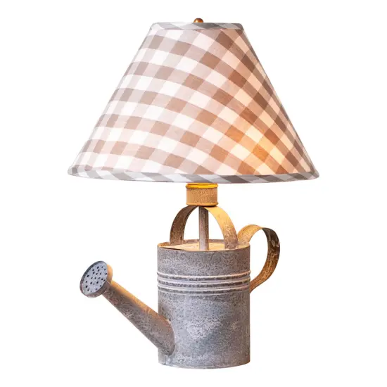 Irvins Country Tinware Watering Can Lamp in Weathered Zinc with Gray Check Shade {1}