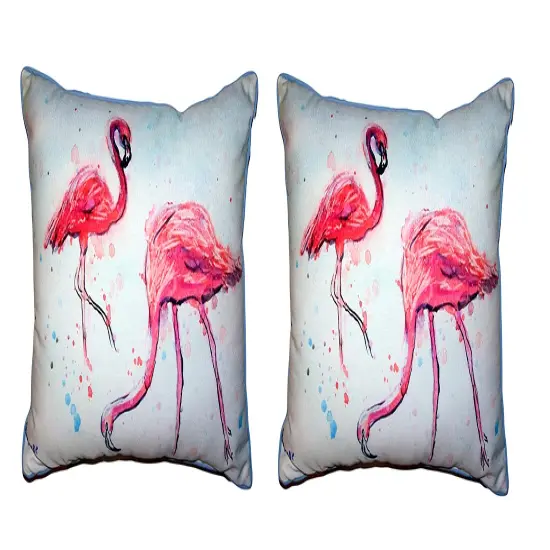 Pair Of Betsy Drake Funky Flamingos Large Indoor/Outdoor Pillows 16 X 20 {1}