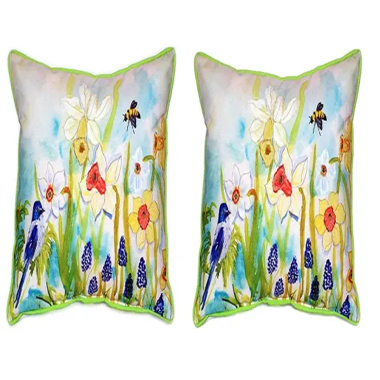 Pair of Betsy Drake Bird and Daffodils Large Indoor/Outdoor Pillows 18x18 {1}