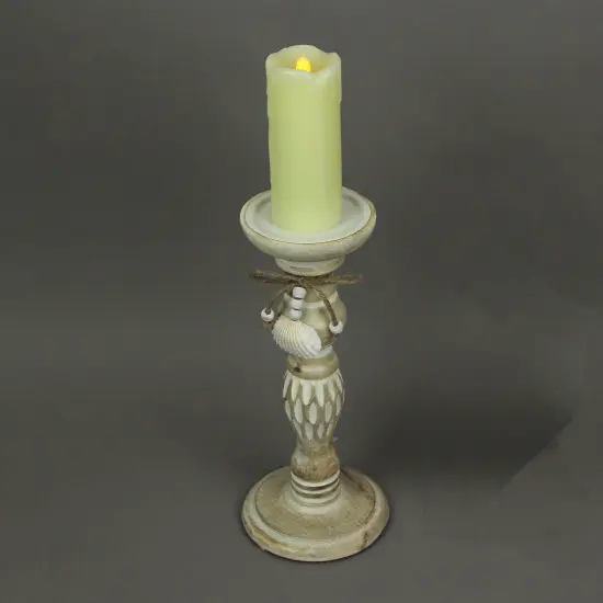 11 Inch Wood Pedestal Candle Holder Rustic White Washed Pillar With Sea Shells {4}