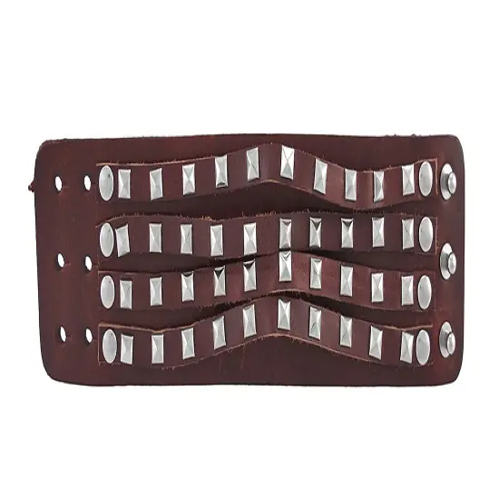 Brown Leather 4 Row Pyramid Studded Wristband Bracelet {4}