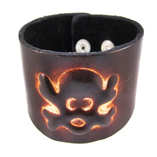 Brown Leather Skull & Crossbones Bracelet Wristband {1}