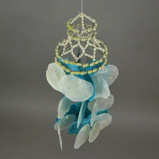 Set of 2 Coastal Blue and White Capiz and Cowrie Shell Wind Chimes Garden Patio {6}