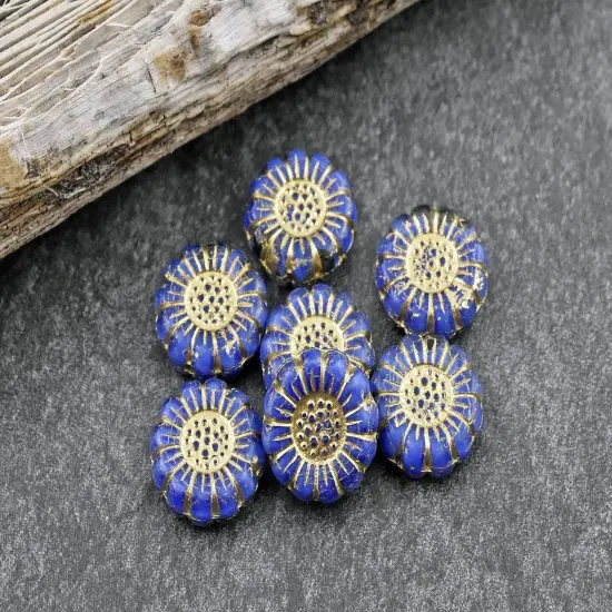 *12* 13mm Gold Washed Royal Blue Silk Sunflower Coin Beads {2}