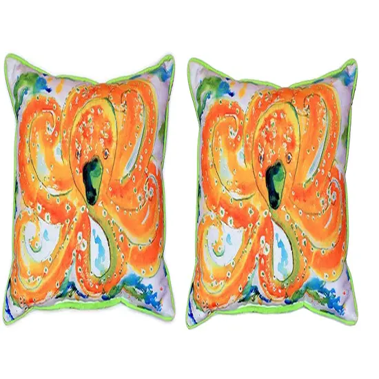 Pair of Betsy Drake Orange Octopus Large Indoor/Outdoor Pillows {1}