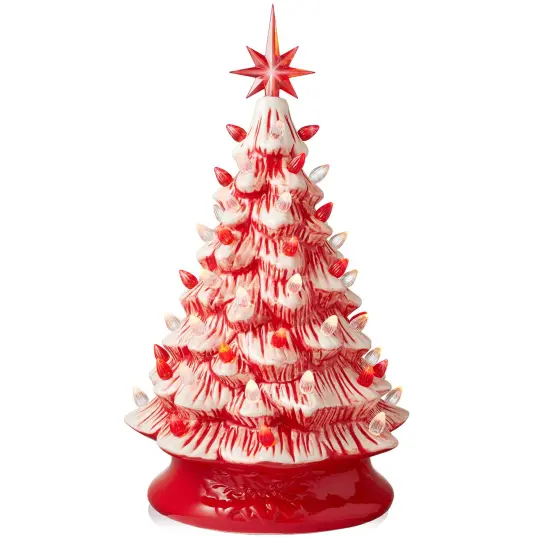 Casafield Hand Painted Ceramic Christmas Tree, Red and White Peppermint 15-Inch Pre-Lit Tree with 128 Red and Clear Lights, 2 Star Toppers {1}