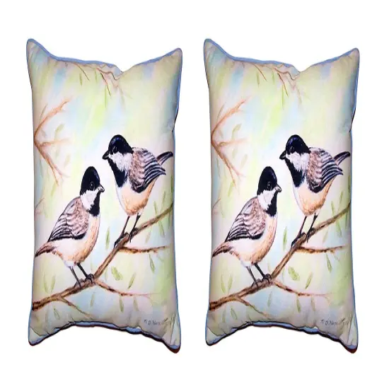 Pair Of Betsy Drake Chickadees Small Outdoor/Indoor Pillows 11 X 14 {1}