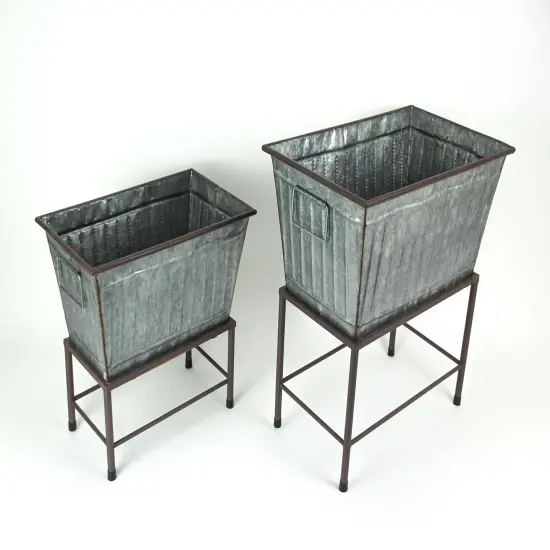 Rectangular Galvanized Metal Tub Planters On Stand Set of 2 {3}