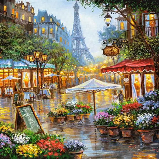 1000 Piece Jigsaw Puzzle, Spring Flowers, Paris, France, Colorful Eiffel Tower and Caf&eacute; Puzzle, Adult Puzzle, Castorland C-103669-2 {2}