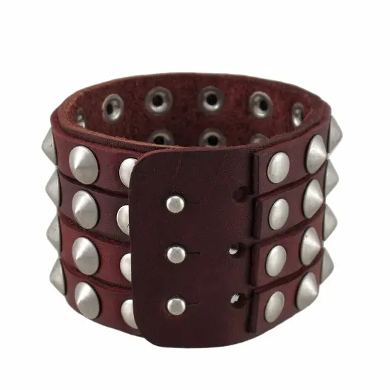 Brown Leather 4 Row Cone Spiked Wristband Wrist Band {3}